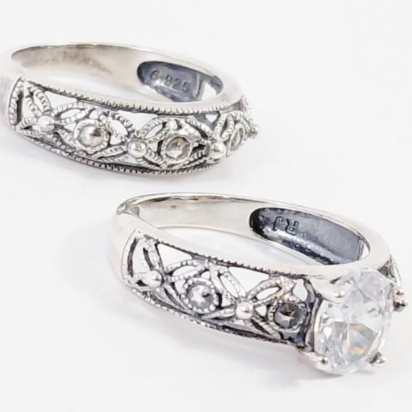 RJ 925 Silver Open Cut Filigree Floral CZ Wedding Band Ring Set Sz 6 - Picture 3 of 6